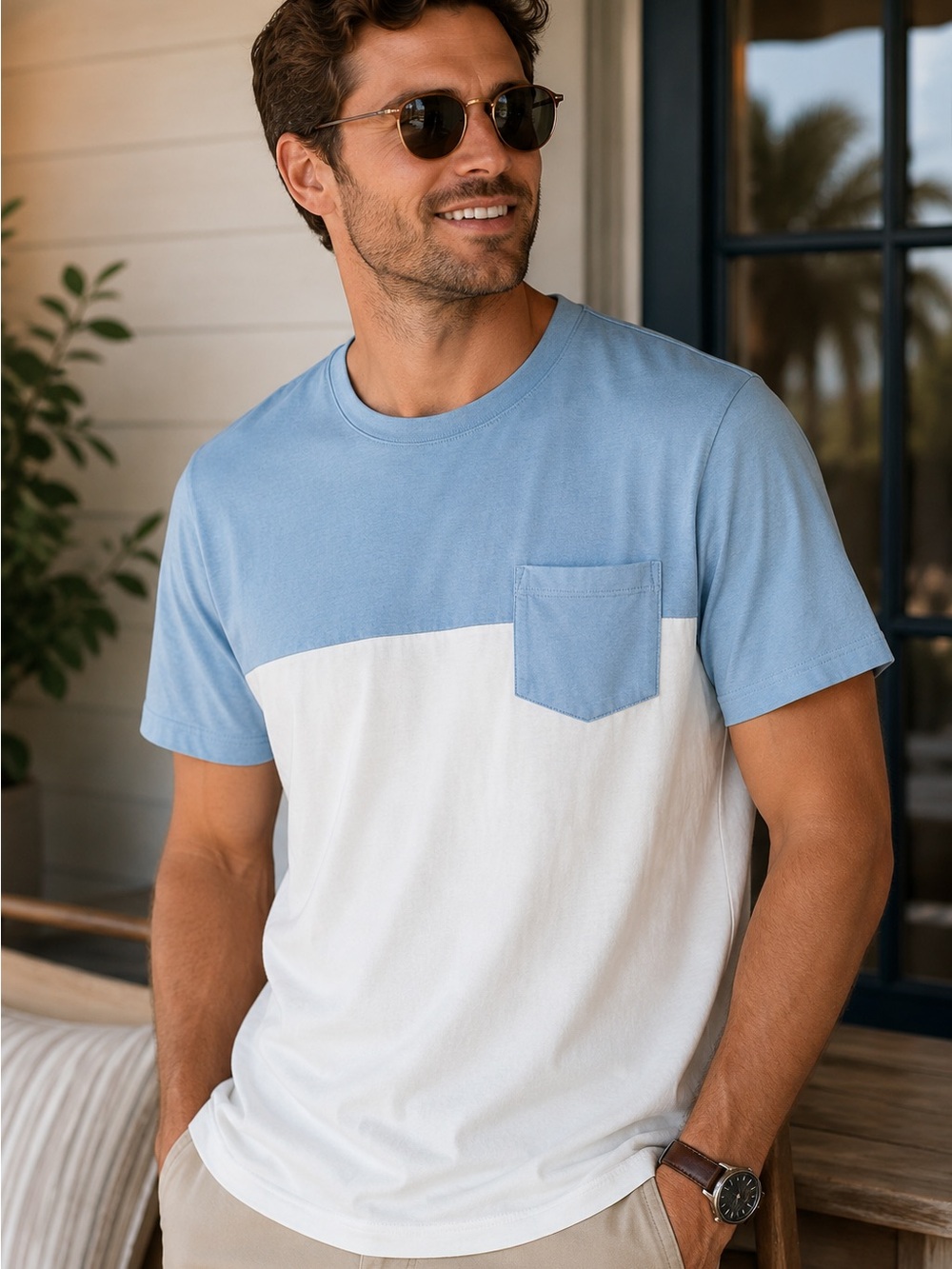 Sonoma XXL Blue White Colorblock Pocket Tee Coastal Casual Shirt